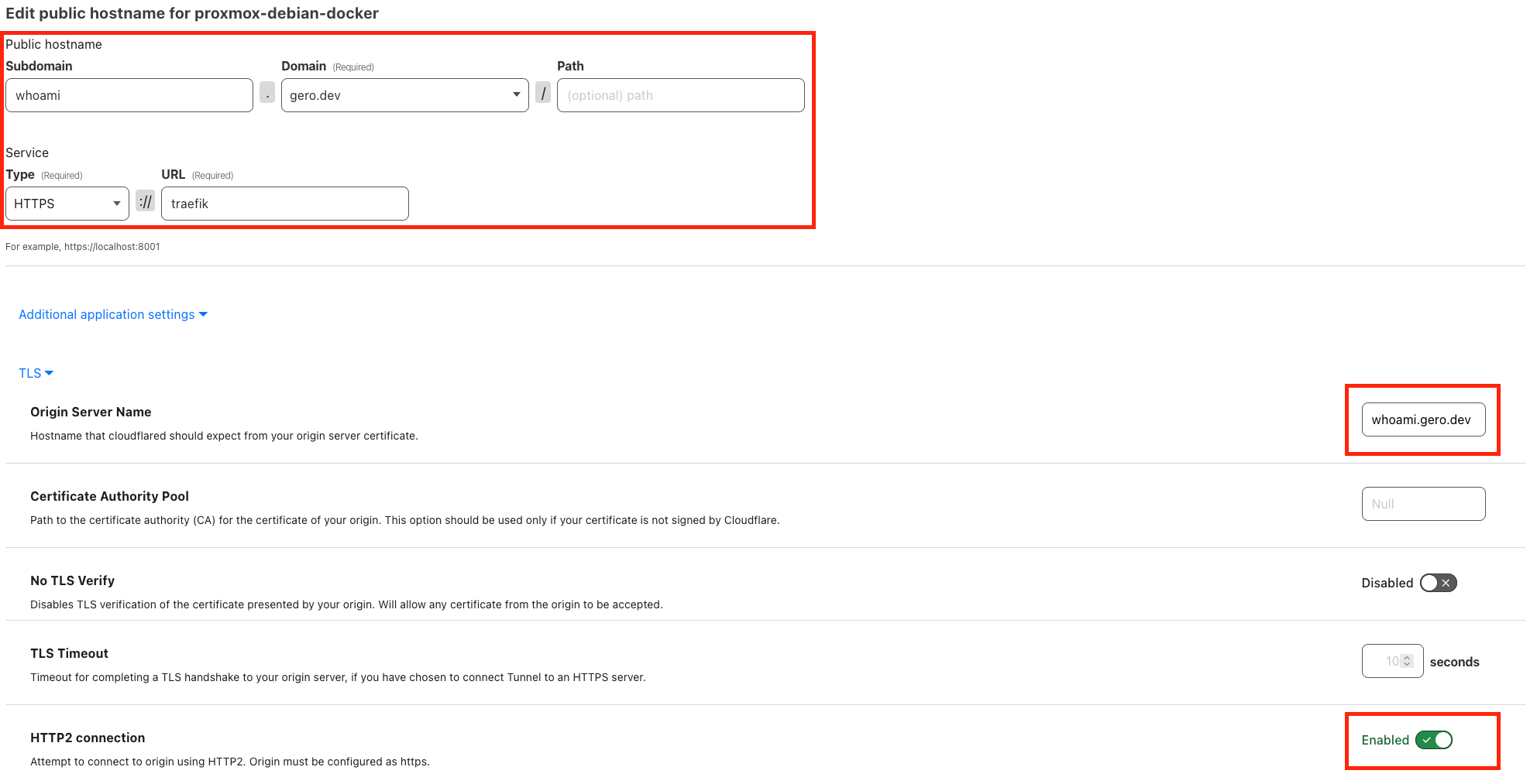 Configuration for a Hostname in the Cloudflare Tunnel