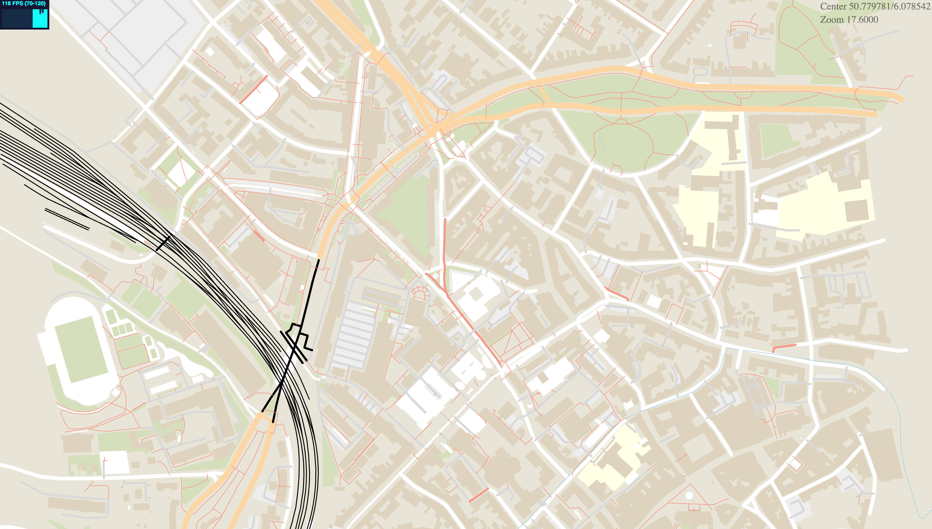 A screenshot showing a part of Aachen rendered in WebGL using OpenStreetMaps